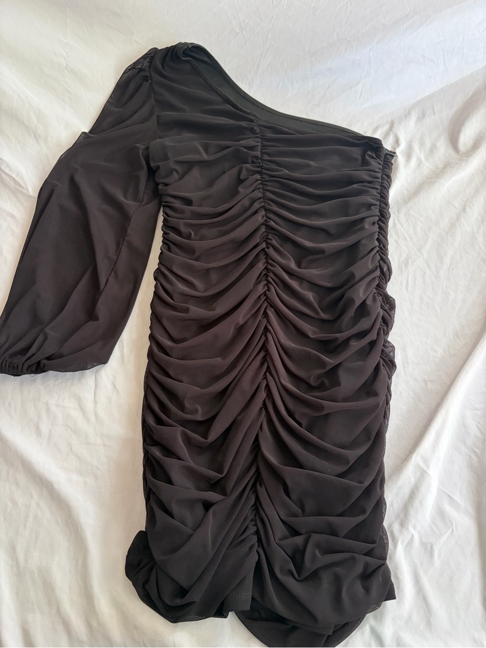 SHEIN Black One-Shoulder Ruched Puff Sleeve Dress